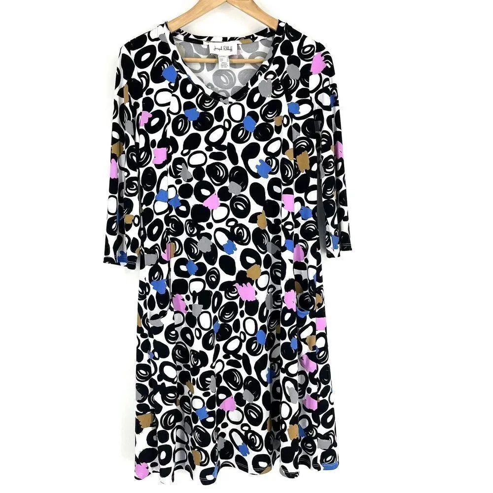 Joseph Ribkoff Dress Size 6 Black Vanilla Abstract Print 3/4 Sleeve Sheath
